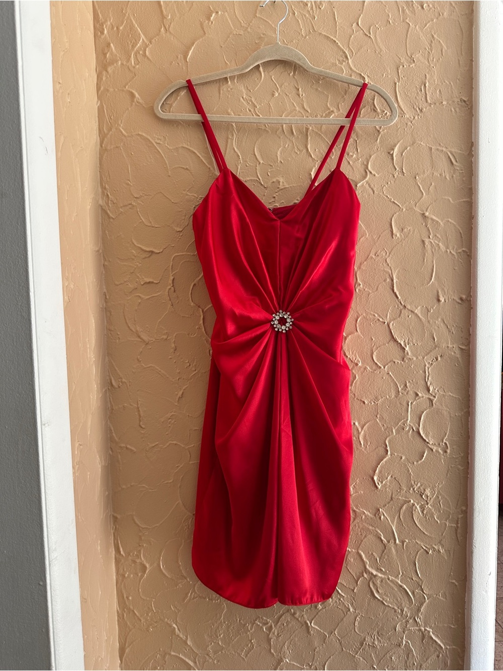 Vtg Reggio Y2K Red Satin Spaghetti-Strap Cocktail Dress with Embellished Waist